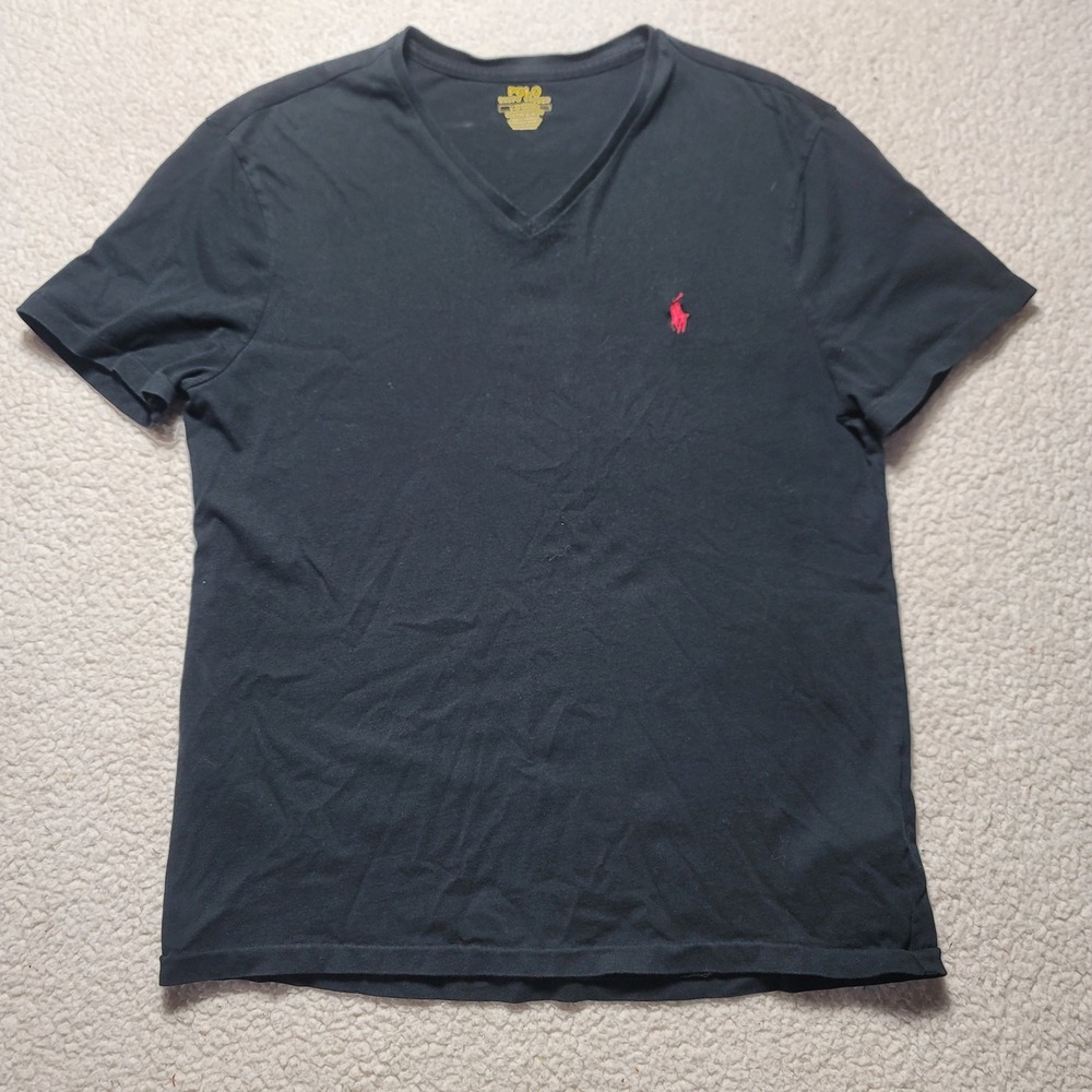 Polo Ralph Lauren Mens Large Custom Slim Fit V-Neck T-Shirt Black Red Pony Logo